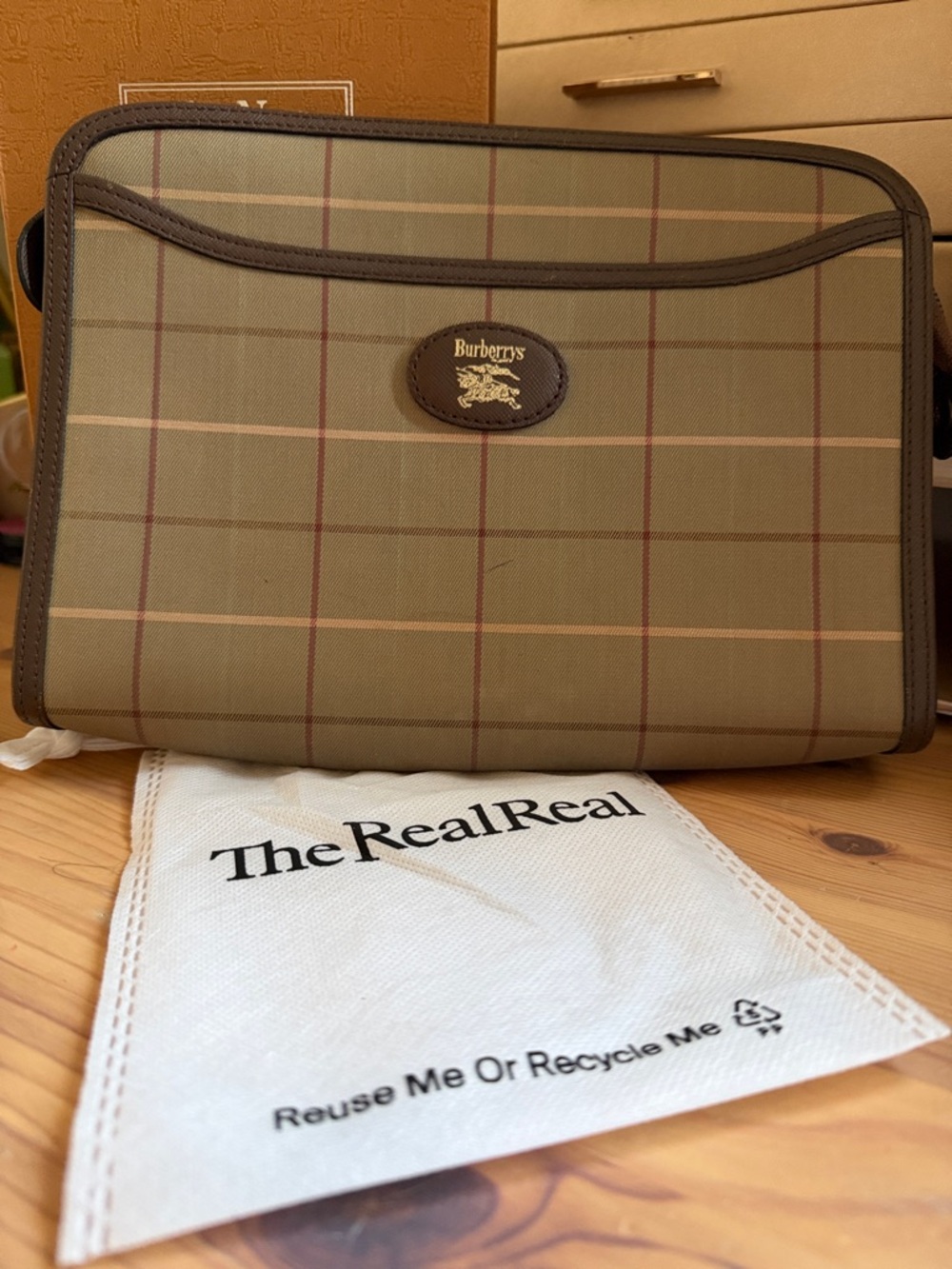 Burberry Olive Plaid Canvas Accessory Bag with Brown Trim
